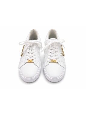 Women's White Lace-Up Sneakers with Gold Chain Detail